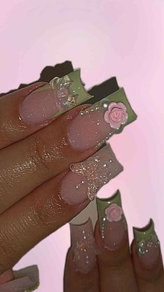 sage Green Sparkly Prom Dress, Green Sparkly Nails, Nature Princess, Tiana Wedding, Princess Sweet 16, Disney Princess Nails