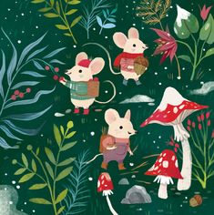 two mice are walking through the forest