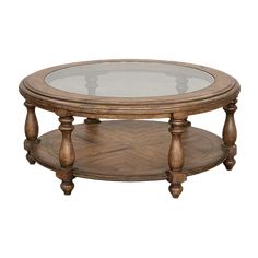 an oval glass top coffee table with wooden legs and two tiered shelves on each side