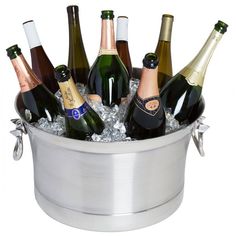 a bucket filled with lots of bottles of wine