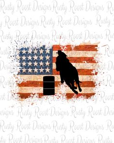 the silhouette of a bull jumping over a barrel with an american flag in the background