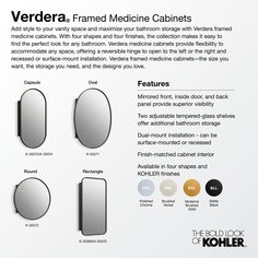 The Verdera framed medicine cabinet combines an elegant fit and finish with quick, easy installation. The optimal storage space, adjustable glass shelves, and mirrored interior make your daily routine more efficient and less cluttered. The unique half-shelf accessory neatly expands storage space for toiletries of various sizes. KOHLER Verdera 15-in x 30-in Surface/Recessed Mount Moderne Brushed Gold Mirrored Medicine Cabinet in Medium | 35569-BGL Round Medicine Cabinet, Kohler Medicine Cabinet, Brushed Nickel Mirror, Framed Medicine Cabinet, Black Round Mirror, Bathroom Ambiance, Recessed Medicine Cabinet, Mirror Panel, Primary Bath