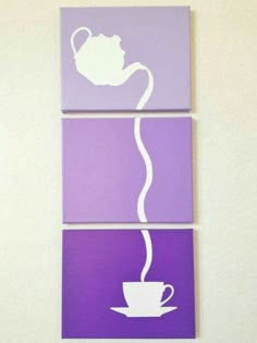 three purple and white paintings with a tea cup on one side and a kettle on the other