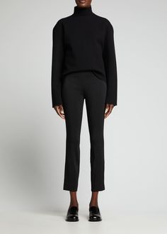 THE ROW Sovino Cropped Pants - Bergdorf Goodman Workwear Straight Pants With Side Slits, Chic Cropped Leg Elastane Pants, Fitted Workwear Pants With Side Slits, Fitted Bottoms With Side Slits For Work, Fall Cropped Leg Elastane Pants, Elastane Cropped Pants For Fall, Stretch Ankle-length Pants For Evening, Stretch Ankle-length Evening Pants, Stretch Evening Ankle-length Pants