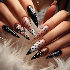 Elevate your nail game with these chic polka dot black nails. Perfect for adding a touch of sophistication to any look. #nails #floral #blacknails #nailart #manicure #polkadots Black Nail With Flower Design, Black Floral Acrylic Nails, Floral Black Nails, Black Nails Floral Design, Black Nail Jewel Design, Cute And Easy Nails, Beach Nails Art, Red Ombre Nails