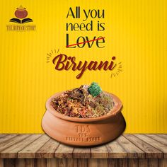 an advertisement for biyani featuring broccoli and rice in a clay bowl