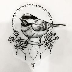 a black and white drawing of a bird on a branch with flowers in the background