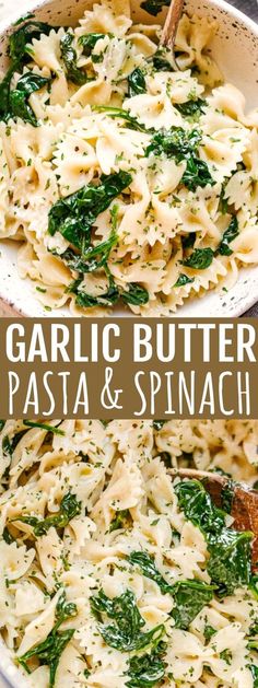 garlic butter pasta and spinach in a skillet