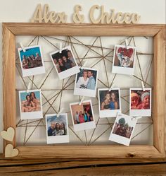 a wooden frame with photos hanging on it and the word alex & chica above them