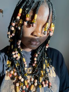 #layeredbraids #blackhair #bangs Beaded Bangs Hair, Braided Bangs With Beads, Beaded Braids With Bangs, Yarn Braids With Beads, Black Girls Hairstyles With Beads, Cute Braids With Bangs, Layered Braids With Bangs, Braids With Side Bangs, Alt Braids For Black Women