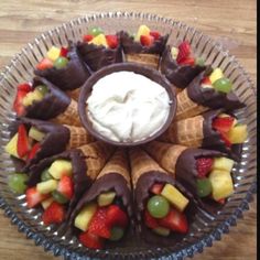 a plate with fruit and chocolate covered desserts on it's sides, sitting on a wooden table