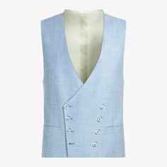 This double-breasted light blue waistcoat is tailored slim with a rear adjustment strap from a wool-silk-linen blend by Italy's E.Thomas mill. Classic Sleeveless Spring Suits, Spring Formal Linen Vest, Classic Summer Business Vest, Tailored Formal Vest For Summer, Fitted Linen Vest With Notch Lapel, Tailored Summer Vest For Formal Occasions, Formal Blue Vest With Buttons, Elegant Blue Summer Vest, Fitted Linen Suits With Double Button Closure