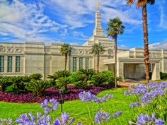 the building is surrounded by purple flowers and palm trees