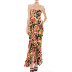 Exude Tropical Vibes In A Strapless Maxi Dress Featuring An Allover Floral Print Perfect For Your Next Vacation Trip. Fit: This Style Fits True To Size. - Strapless - Sleeveless - Back Hidden Zip Closure - Allover Floral Print - Bust Bow Detail - Ruffle High/Low Hem - Made In Usa Fiber Content 100% Polyester Fitted Strapless Floral Maxi Dress, Fitted Floral Print Strapless Dress For Vacation, Flirty Fitted Maxi Dress With Floral Print, Elegant Fitted Tropical Print Maxi Dress, Elegant Fitted Maxi Dress With Tropical Print, Fitted Sleeveless Maxi Dress With Tropical Print, Black Fitted Strapless Dress For Vacation, Fitted Black Strapless Dress For Vacation, Fitted Tropical Print Maxi Dress