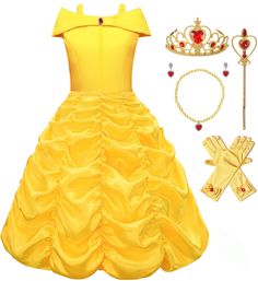 PRICES MAY VARY. Rich Accessories：Girls princess dress with tiara(crown), magic wand, earrings, necklaces and gloves. Your little princess will love them Material: This beautiful and elegant yellow princess cosplay costume dress is made from polyester, soft and comfortable, take care of your child's skin Design: This princess dress for girls with rich accessories, girls can dress up as characters from movies Occasions: Princess dress up clothes are great for many occasions such as Halloween, Christmas(Xmas), birthdays, pageants, festival, cosplay, dress up, role play, etc Halloween Costumes For Girls: Every girl is a princess, they all want to have their own princess dress. When your little girl put on this princess dress, she will stand out from the crowd This is an interesting movie cost Princess Belle Costume, Princess Costumes For Girls, Princess Halloween Costume, Yellow Costume, Belle Costume, Fancy Dress Up, Princess Dress Up, Disney Princess Dresses, Dress Off Shoulder