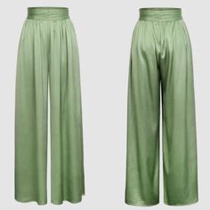 Micas Sage Green Side Zipper Silky Pants With High Waist And Very Wide Legs, Gathered Waist Band Size S New With Tags Flowy Wide Leg Pants, Silky Pants, Gold Pants, Avenue Design, Olive Green Pants, Green Side, Cropped Wide Leg Pants, Wide Leg Dress Pants, Silk Trousers