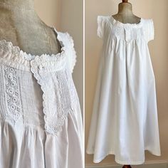 Edwardian Nightgown | Dainty Pin Tucks Broderie Anglaise Lace Frills White Cotton | Antique Lingerie Nightdress Nightwear | M Nightdress Nightwear, Edwardian Nightgown, Nightgown Pattern, Cotton Nightgown, Vintage Nightgown, Women's Nightgowns, Couture Runway, Nightwear, Night Dress