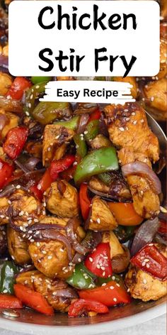 chicken stir fry in a white bowl with the title overlay that reads, chicken stir fry easy recipe