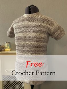 a crochet shirt on a mannequin with text overlay that reads free crochet pattern