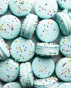 blue and white macaroons with sprinkles on them