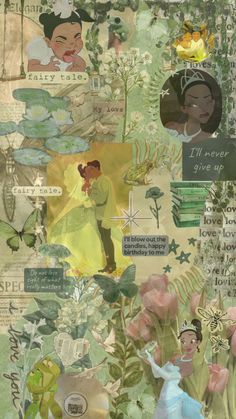 a collage of disney princess and the frog with many different things on it's face