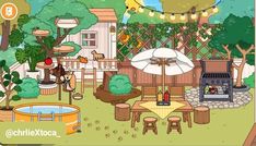 an animated image of a backyard with tables, chairs and umbrellas in the background