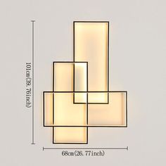 three square lights are shown on a white background with measurements for each light in the room