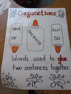 a sign that says conjunctions and words used to glue two sentence together on it