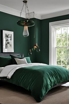 a bed with green comforter and pillows in front of a large window next to a lamp