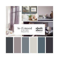 the color scheme for this living room is purple and grey, with neutrals in it