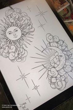 the sun and moon tattoo design is shown on a sheet of paper with other tattoos around it