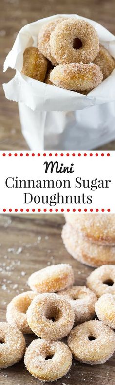 mini cinnamon sugar doughnuts in a white paper bag on a wooden table with text overlay