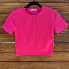 Stretchy Material Never Worn Nwot Hot Pink, Super Cute! L: 16.5” Pit To Pit: 15” Pink Crop Top T-shirt For Spring, Zara Pink Casual T-shirt, Pink Casual Crew Neck Crop Top, Basic Pink Short Sleeve Crop Top, Casual Pink Crop Top With Crew Neck, Casual Pink Crew Neck Crop Top, Pink Fitted Basic T-shirt, Basic Fitted Pink T-shirt, Fitted Basic Pink T-shirt