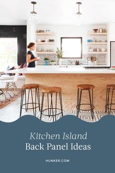 a kitchen island with bar stools in front of it and the words, kitchen island back panel ideas