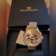 Waldor & Co Brand. Never Worn Elegant Gold Chronograph Watch With Analog Display, Silver Round Dial Watch For Office, Silver Office Watch With Round Dial, Silver Watch With Round Dial For Office, Gold Watch, Accessories Watches, Women Accessories, Brand New, Gold