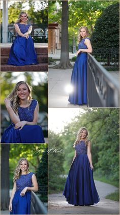 a woman in a blue dress poses for the camera