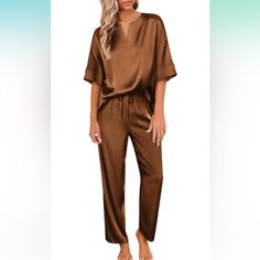 Nwt Copper Brown Pajamas Set With A V Neck Short Sleeve Top And Elastic Drawstring Pants With Side Pockets. Very Soft And Lightweight. Brown Pajamas Women, Brown Pajamas, Satin Pajamas Set, Copper Brown, Satin Pyjama Set, Satin Pajamas, Pajamas Set, Drawstring Pants, Pajamas Women