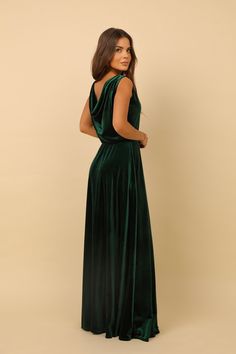 "Bridesmaid Velvet Dress. Gown Dress for Women. Our Dresses made from High Quality Fabric.  Dresses made with Love in Europe. More Désir Couture dresses you can find here: https://www.etsy.com/shop/DesirCouture?ref=simple-shop-header-name&listing_id=992376660 ❖ The dress can be made with slit or with sleeves.. write it in order's note ❖ Waist sash included. ❖ Material is quality, flexible and stretchy. ❖ The top of the dress is lined.  ❖ In my shop the size scale is different. Please read the dr Emerald Velvet Dress, Sleeveless Velvet Dress, Cowl Back Dress, Emerald Velvet, Dark Green Dress, Silk Satin Dress, Maid Of Honour Dresses, Maxi Bridesmaid Dresses, Green Bridesmaid