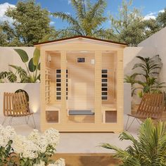 an outdoor sauna is shown with two chairs around it