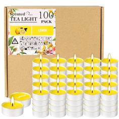 10 tea light candles in white cups with yellow lids