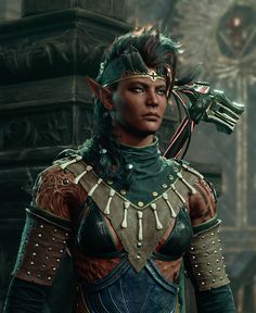 an image of a woman in armor with horns on her head and hands behind her back