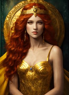 a woman with long red hair wearing a gold dress