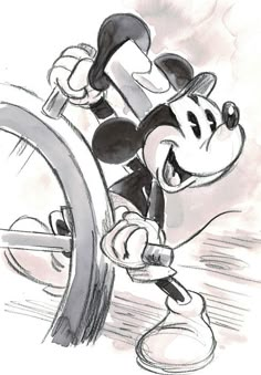 a drawing of mickey mouse riding a bike