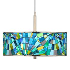 a light fixture with a blue and green stained glass shade hanging from the bottom of it