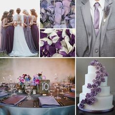 a collage of photos with purple and white wedding colors, including one for the bride and two for the groom