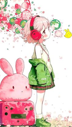 a girl with headphones standing next to a pink bunny