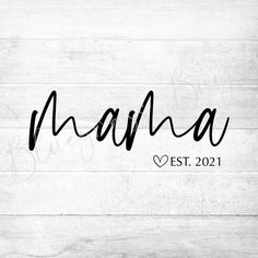 the word mama written in cursive black ink on a white wood background with hearts