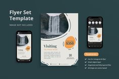 three mobile devices with an image on them and the text,'flyer set template '