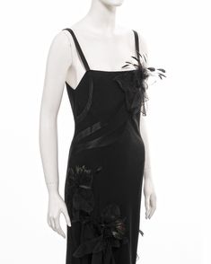 John Galliano black twill evening dress with floral feather appliqués, fw 2005 For Sale at 1stDibs Fitted Silk Couture Evening Dress, Designer Fitted Evening Dress For Gala, Designer Fitted Cocktail Evening Dress, Fitted Silk Evening Dress For Formal Occasions, Designer Fitted Evening Dress, Designer Fitted Evening Dress For Party, Flower Stem, John Galliano, Silk Flower