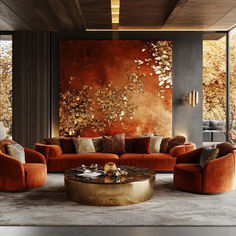 a living room filled with orange couches and chairs in front of a painting on the wall